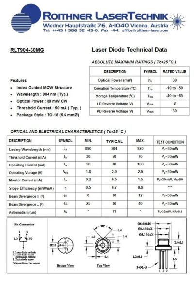 [9 Pcs] Roithner LaserTechnik RLT904-30MG , 904 nm, 30 mW, sm, 9 mm Laser Diode