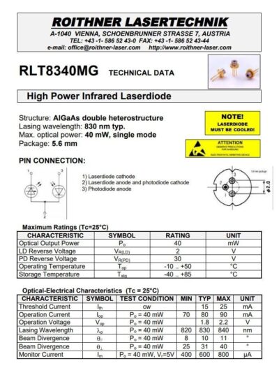 [3 Pcs] Roithner LaserTechnik RLT8340MG 830nm 40mW , sm , 5.6nm Laser Diode