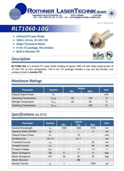 [2 Pcs] Roithner LaserTechnik RLT1060-10MG, 1060 nm, 10 mW, sm, 9 mm Laser Diode