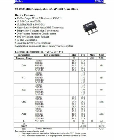 (60 PCS) BeRex BG18A 50-4000 MHz Cascadeable InGaPHBT Gain Block