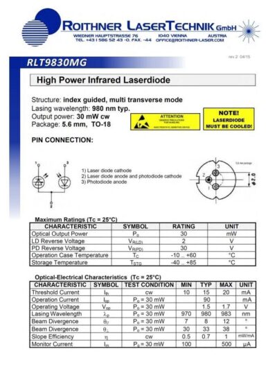[9 Pcs] Roithner LaserTechnik RLT9830MG, 980 nm, 30 mW, sm, 5.6 mm Laser Diode