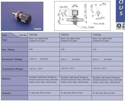 10 PCS - Bulgin Components Terminal TX0102 15A 2kV non-captive head. Insulated